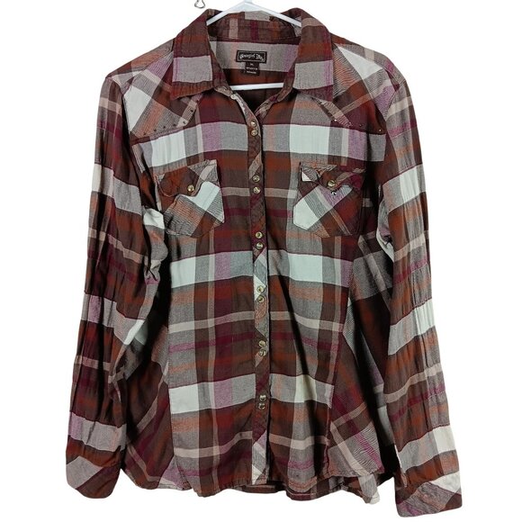 Cowgirl Up Womens Size XL Brown Plaid Western Shirt Pearl Snap With Rhinestone - Picture 1 of 10